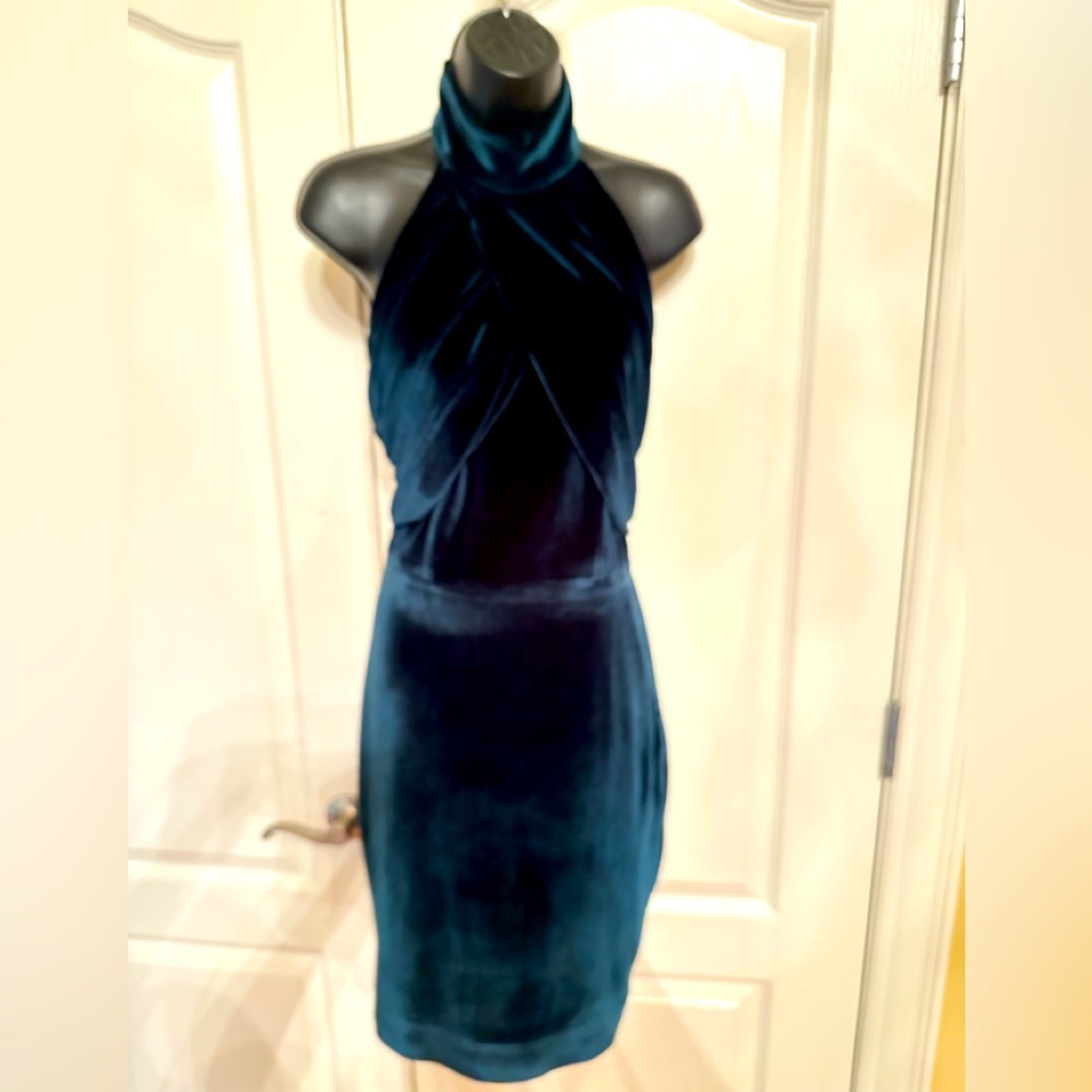 House of CB Teal Velvet Halter Midi Dress